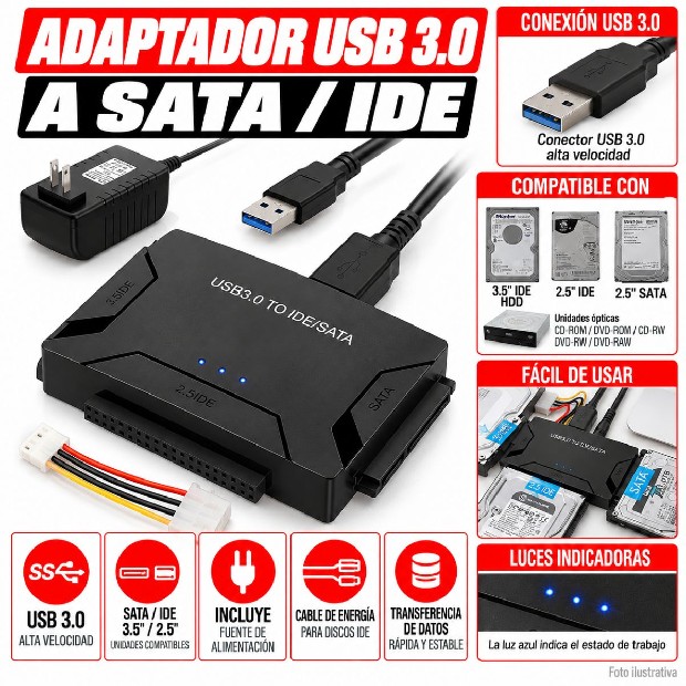&ua CABLE ADAPTADOR SATA-IDE 2,5 y 3,5 A USB 3.0 CON FUENTE (3529)